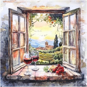 14 Wine Glass Clipart, Window and Vines, Italy, Printable Watercolor clipart, High Quality JPGs, Digital download, Paper craft, junk journal