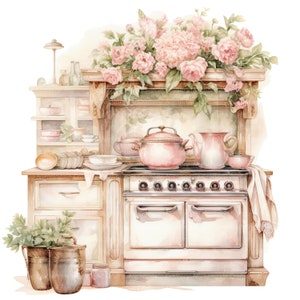 14 Clipart da cucina floreale vintage, Shabby Chic, clipart acquerello stampabile, JPG di alta qualità, download digitale, artigianato con la carta, diario spazzatura