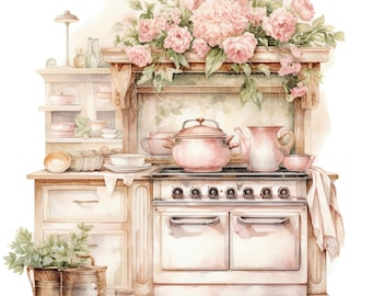 May include: A vintage white stove with a pink pot and teapot on top, surrounded by pink flowers and a wooden cabinet. The stove has six burners and two ovens.