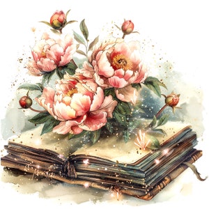 May include: A vintage book with a worn leather cover is open, revealing pages filled with text.  Pink peonies with delicate petals are blooming around the book, creating a whimsical and romantic scene.