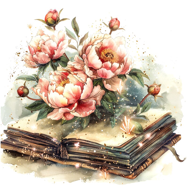 May include: A vintage book with a worn leather cover is open, revealing pages filled with text.  Pink peonies with delicate petals are blooming around the book, creating a whimsical and romantic scene.