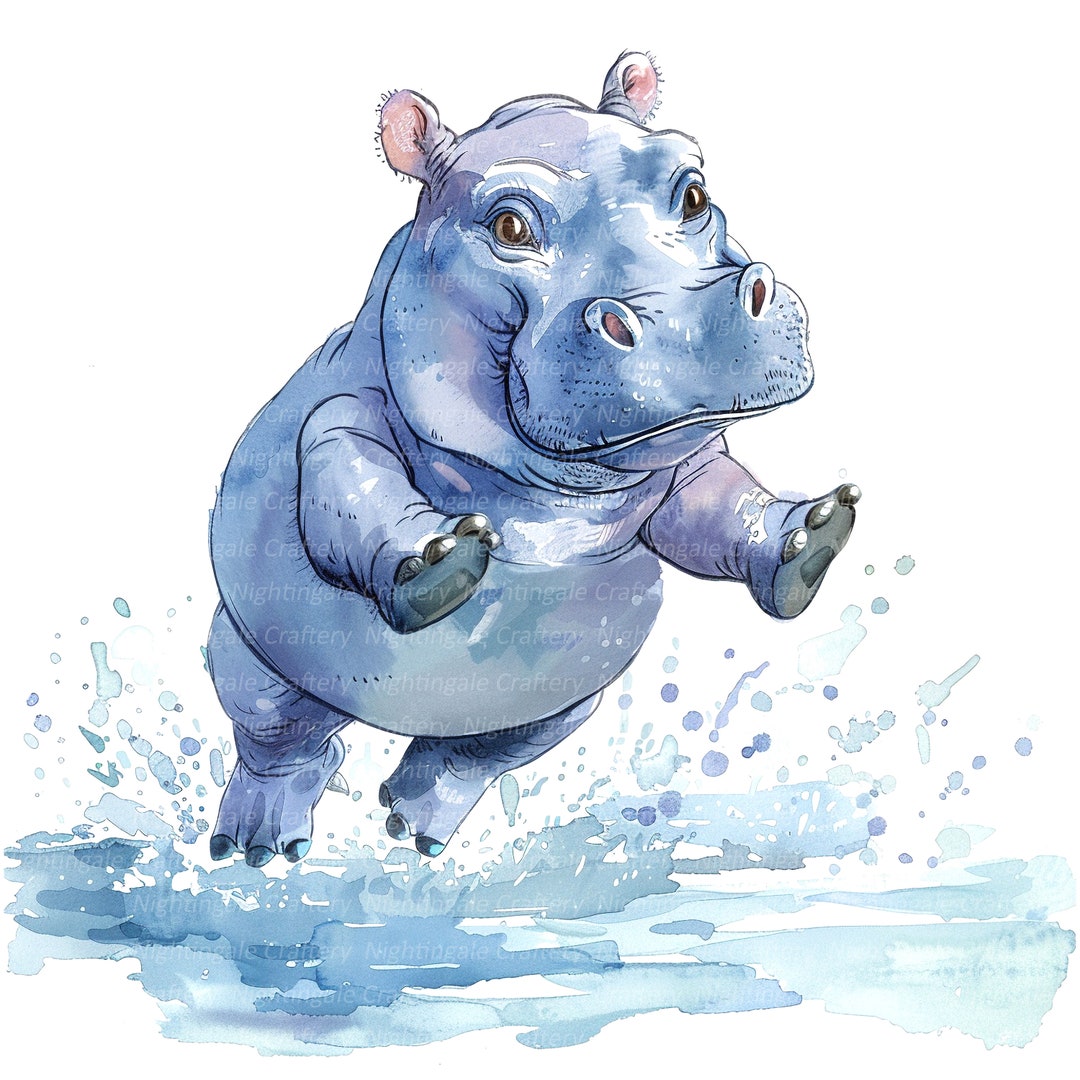 10 Cartoon Hippo Clipart, Happy Baby Hippo, Printable Watercolor ...