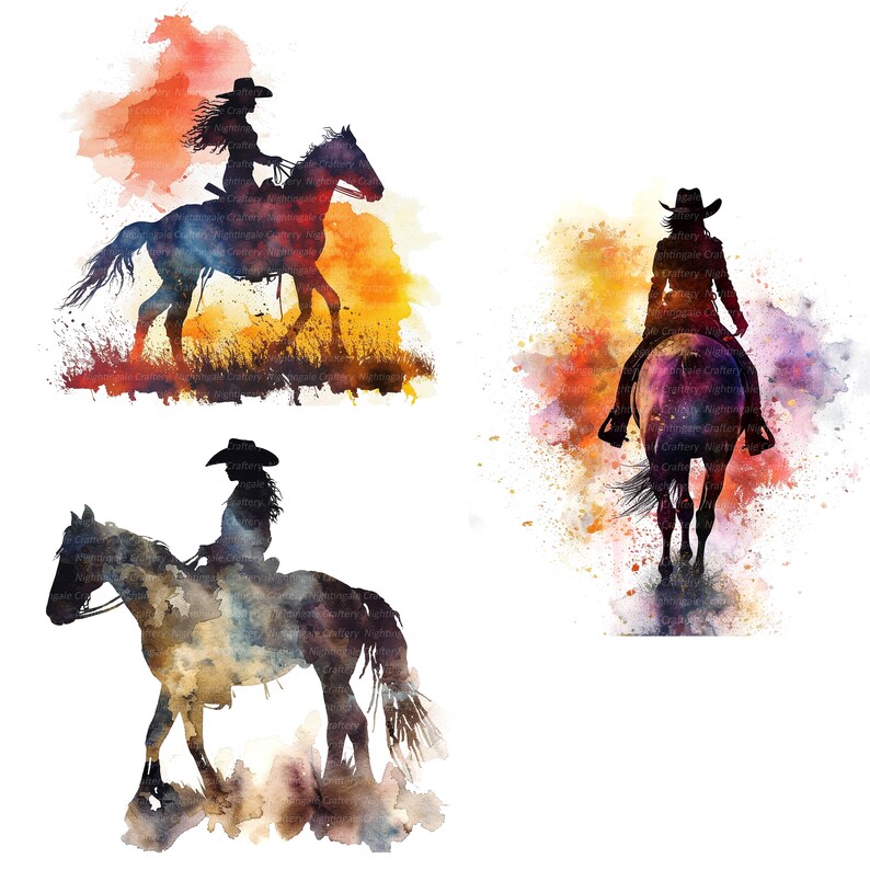May include: Three watercolor paintings of silhouettes of women riding horses. The first painting is of a woman riding a horse facing left, with a sunset background. The second painting is of a woman riding a horse facing right, with a purple and orange background. The third painting is of a woman riding a horse facing left, with a brown and blue background.