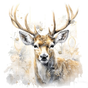 10 Golden Christmas Deer Clipart, Reindeer, Elk, Printable Watercolor clipart, High Quality JPG, Digital download, Paper craft, junk journal