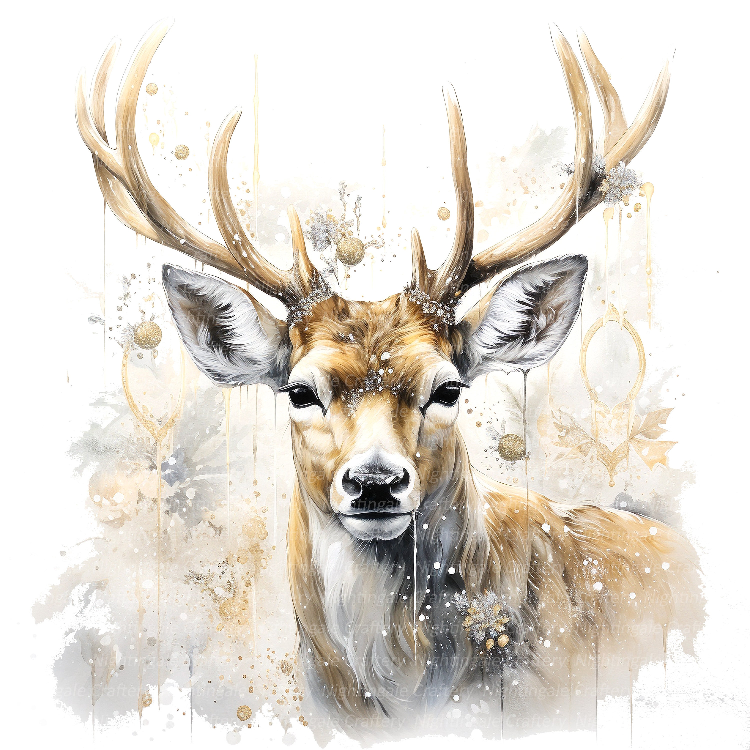 10 Golden Christmas Deer Clipart, Reindeer, Elk, Printable Watercolor ...