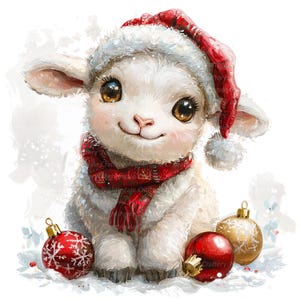 May include: A cute, cartoon-style lamb wearing a Santa hat and a red scarf, with Christmas ornaments. The lamb has big brown eyes and a smiling expression. The ornaments are red and gold.