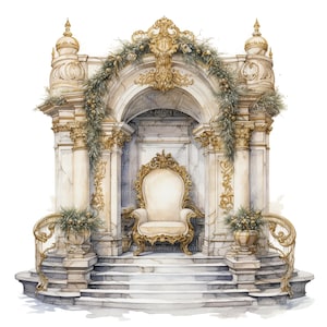 8 Clipart del Trono d'Oro, Trono della Principessa del Re, Clipart acquerello stampabile, JPG di alta qualità, download digitale, Mestiere di carta, diari spazzatura