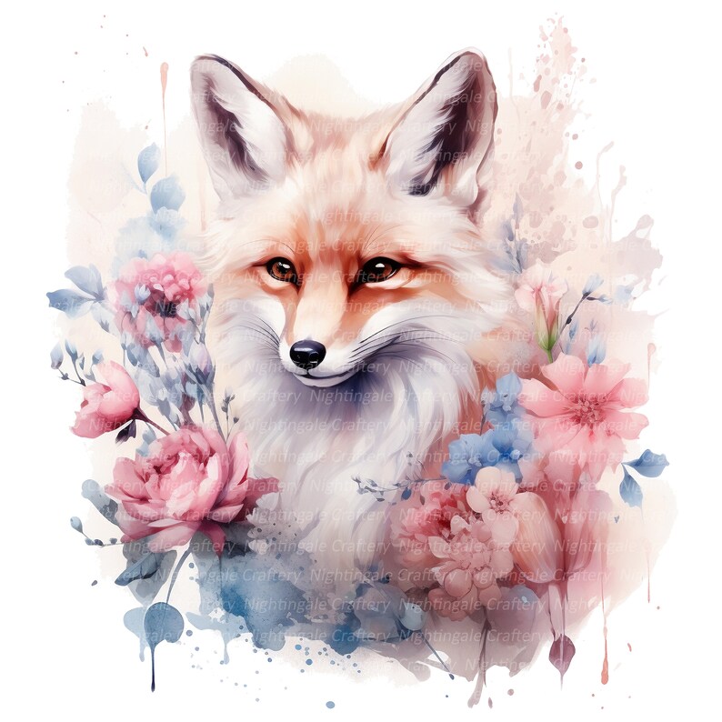 May include: A watercolor painting of a fox with a soft, fluffy tail surrounded by pink and blue flowers. The fox has a gentle expression and is looking directly at the viewer.