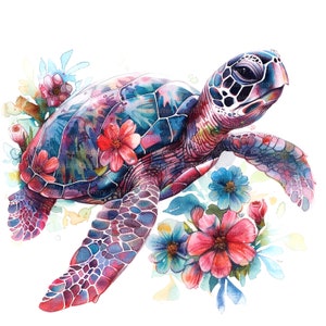 12 cliparts floraux tortue de mer, tortue marine, clipart aquarelle imprimable, fichiers JPG de haute qualité, téléchargement numérique, créations en papier, journal indésirable