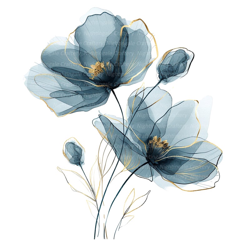Op de afbeelding: Waterverf schilderij van blauwe bloemen met gouden accenten. De bloemen zijn delicaat en etherisch, met een zacht, dromerig gevoel. De gouden accenten voegen een vleugje luxe en elegantie toe.