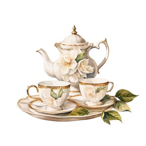 Peut inclure: Une th&eacute;i&egrave;re en porcelaine blanche avec des accents dor&eacute;s et des motifs floraux, accompagn&eacute;e de deux tasses &agrave; th&eacute; et soucoupes assorties, le tout dispos&eacute; sur un plateau d&eacute;coratif avec des feuilles vertes.