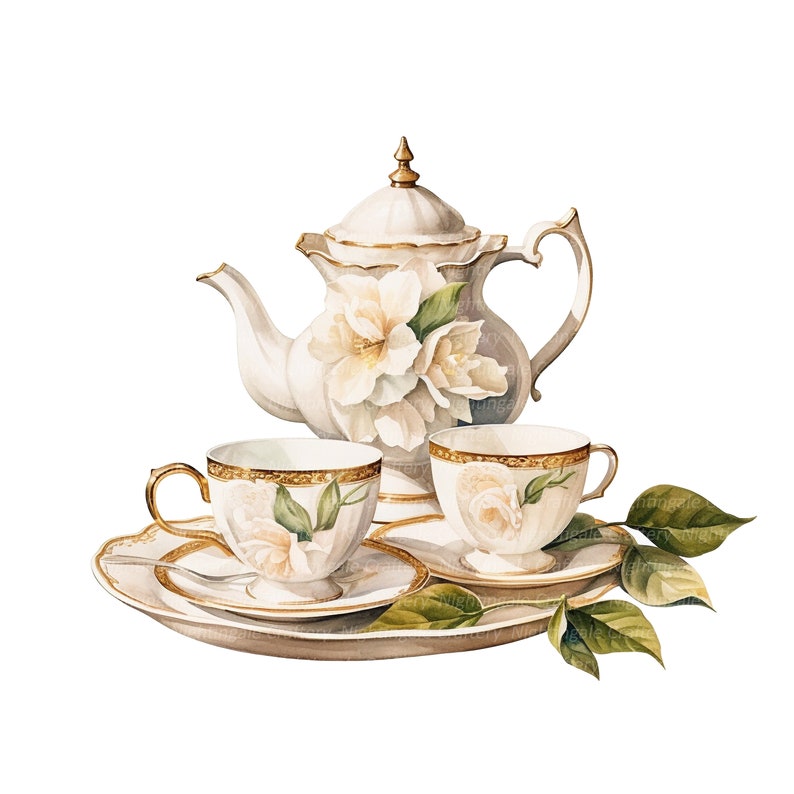 Peut inclure: Une th&eacute;i&egrave;re en porcelaine blanche avec des accents dor&eacute;s et des motifs floraux, accompagn&eacute;e de deux tasses &agrave; th&eacute; et soucoupes assorties, le tout dispos&eacute; sur un plateau d&eacute;coratif avec des feuilles vertes.