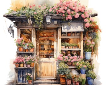 Puede incluir: Ilustración en acuarela de una encantadora fachada de tienda, rebosante de plantas en macetas y rosas rosas. La tienda tiene estanterías de madera y una puerta de madera. La imagen contiene el texto "Nightingale Craftery".