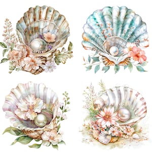 16 imágenes prediseñadas de conchas de mar, imágenes prediseñadas de perlas de conchas marinas, imágenes prediseñadas de acuarela imprimibles, JPG de alta calidad, descarga digital, artesanía de papel, diario basura