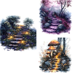 Könnte beinhalten: Drei Aquarelle, die steinerne Pfade zeigen, die durch einen Wald führen. Das erste Bild zeigt einen Steinweg mit leuchtenden Lichtern, der durch einen Wald mit grünen Bäumen führt. Das zweite Bild zeigt einen Steinweg mit violetten und rosafarbenen Farbtönen, der durch einen Wald mit Bäumen und Nebel führt. Das dritte Bild zeigt einen Steinweg mit leuchtenden Lichtern, der durch einen Wald mit Pilzen führt.
