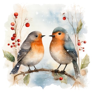 12 imágenes prediseñadas de pareja de petirrojos navideños, imágenes prediseñadas de acuarela imprimibles, PNG/JPG de alta calidad, descarga digital, manualidades de papel, revistas basura