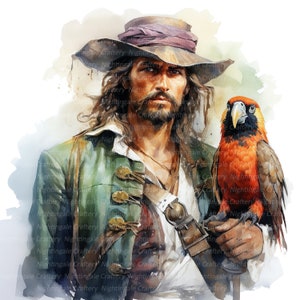12 clipart pirata, pirata e pappagallo, clipart acquerello stampabile, JPG di alta qualità, download digitale, artigianato di carta, diario spazzatura