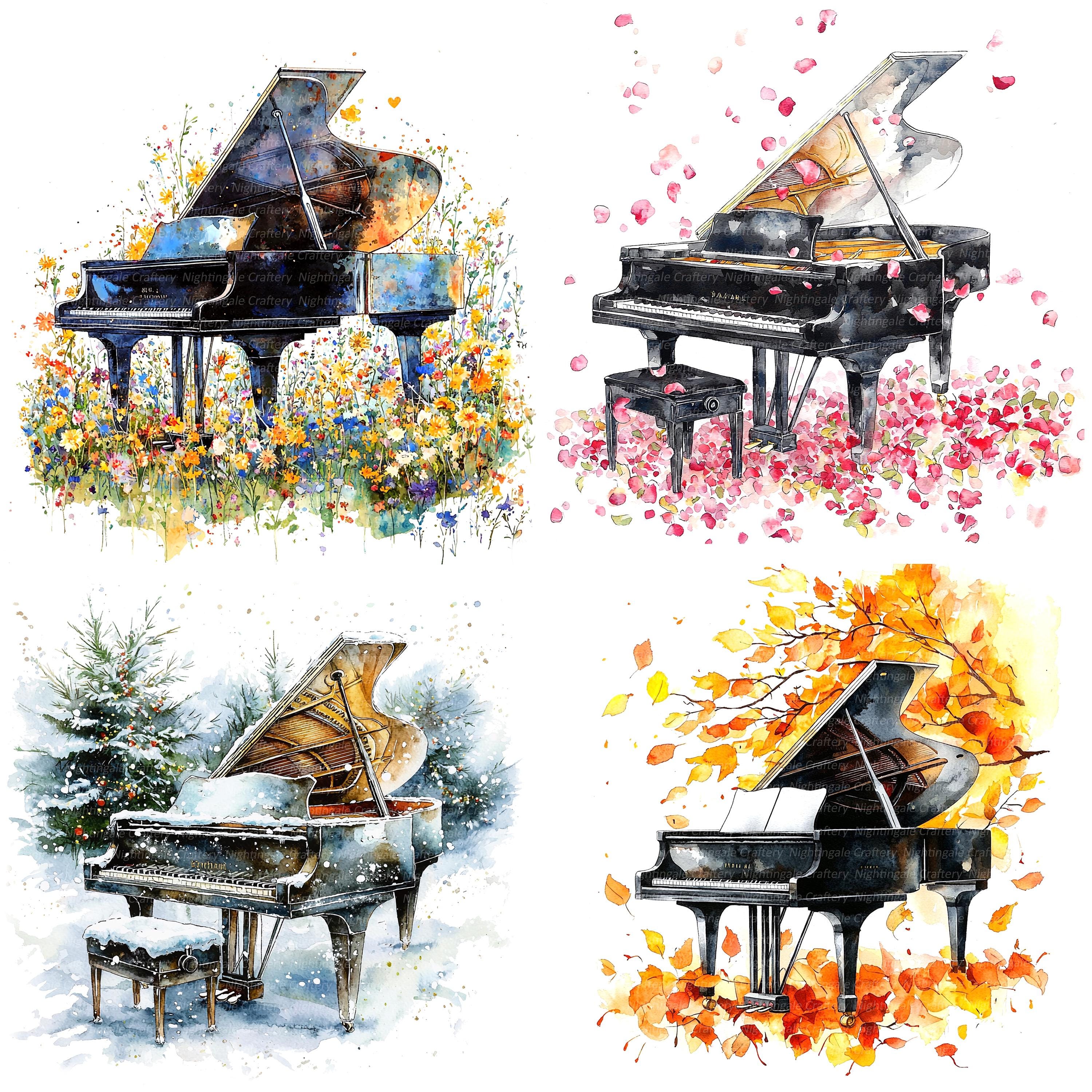 13 の花柄ピアノ クリップアート、季節のピアノ、印刷可能な水彩画