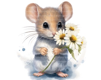 Cute mouse and flower Clipart, Printable Watercolor clipart, 12 High Quality PNGs, Digital download, High resolution, Paper crafts