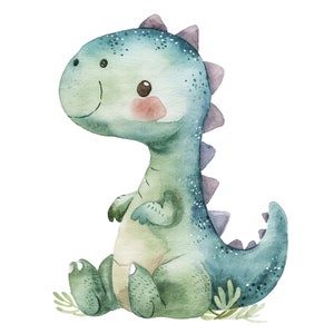 Pu&ograve; includere: Illustrazione ad acquerello di un simpatico dinosauro nei toni del blu e del verde. Il dinosauro &egrave; seduto con un'espressione sorridente, guance rosee e piccoli occhi scuri. Ha una fila di spine viola sulla schiena ed &egrave; circondato da piccole foglie verdi.