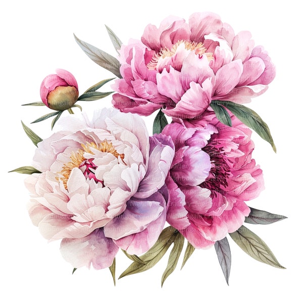 10 Peonies Bouquet Clipart, Peonies Print, Printable Watercolor clipart, High Quality JPGs, Digital download, Paper craft, junk journal