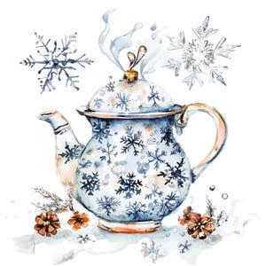 16 imágenes prediseñadas de tetera de invierno, tetera con copos de nieve, imágenes prediseñadas de acuarela imprimibles, archivos JPG de alta calidad, descarga digital, manualidades de papel, diarios basura