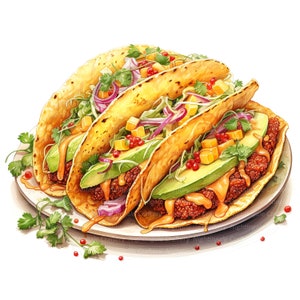 May include: Three soft tacos filled with avocado, red onion, and a creamy sauce. The tacos are on a white plate with cilantro sprigs and red peppercorns scattered around.