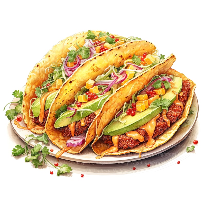 May include: Three soft tacos filled with avocado, red onion, and a creamy sauce. The tacos are on a white plate with cilantro sprigs and red peppercorns scattered around.