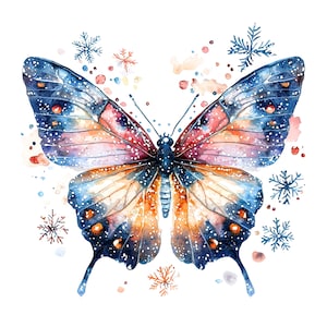 10 PNG Butterfly and Snowflakes Clipart, Floral, Printable Watercolor clipart, High Quality PNG, Digital download, Paper craft, junk journal
