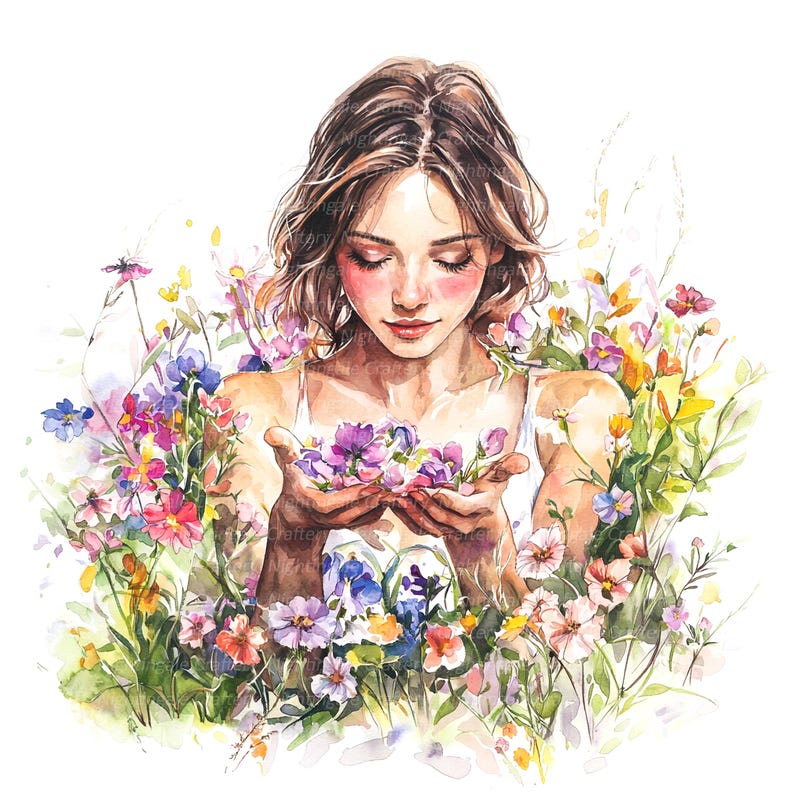 16 Girl in Flowers Clipart, Floral Girl Meadow, Printable Watercolor ...