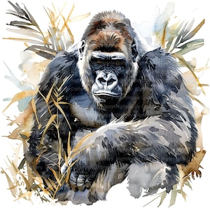 12 Gorilla Clipart, Gorilla In Jungle, Printable Watercolor clipart, High Quality JPGs, Digital download, Paper craft, junk journals