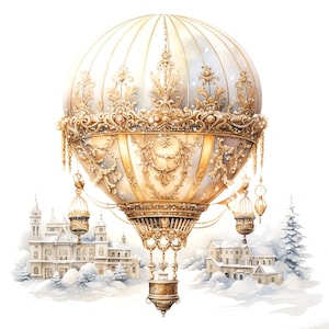 11 Imágenes prediseñadas de globos aerostáticos, globos dorados, imágenes prediseñadas de acuarela imprimibles, JPG de alta calidad, descarga digital, artesanía de papel, diario basura