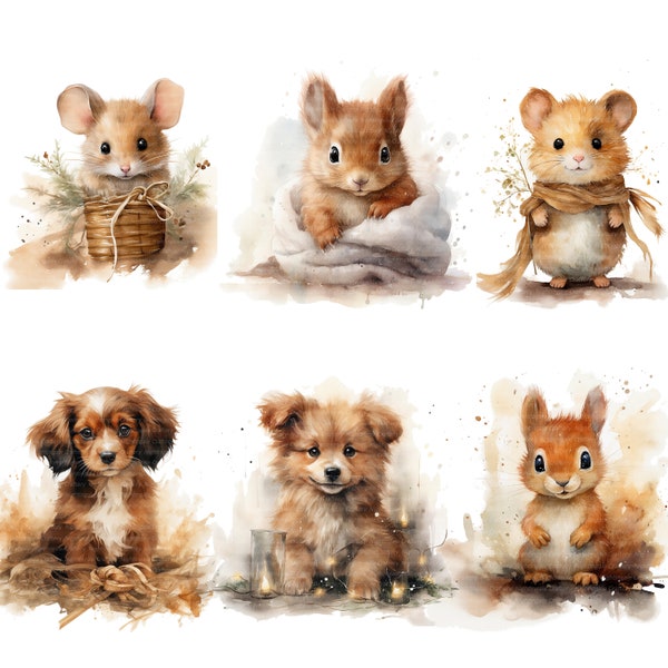 12 süße Tiere Clipart, Eichhörnchen-Häschen-Welpen, druckbare Aquarell Clipart, hochwertige JPGs, digitaler Download, Papiermodell, Junk Journal