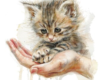 7 Fluffy Kitten in Hand Clipart, Cute Cat, Printable Watercolor clipart, High Quality JPGs, Digital download, Paper craft, junk journals