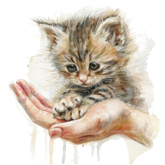 7 Fluffy Kitten in Hand Clipart, Cute Cat, Printable Watercolor