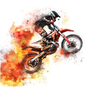 May include: A red and white motocross bike with a rider in a helmet and racing gear, jumping over a dirt track. The image is painted in a watercolor style with splashes of orange and yellow.
