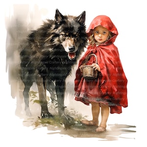10 Clipart di Cappuccetto Rosso, Ragazza e lupo, Clipart acquerello stampabile, JPG di alta qualità, Download digitale, Mestiere di carta, scrapbookin