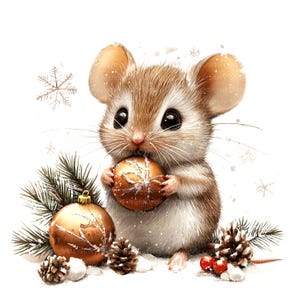 Op de afbeelding: Een schattige bruine muis die een gouden kerstbal vasthoudt met een sneeuwvlokkenpatroon. De muis zit op een besneeuwde ondergrond met dennentakken en dennenappels.