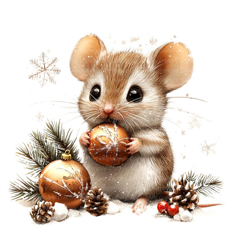 Op de afbeelding: Een schattige bruine muis die een gouden kerstbal vasthoudt met een sneeuwvlokkenpatroon. De muis zit op een besneeuwde ondergrond met dennentakken en dennenappels.