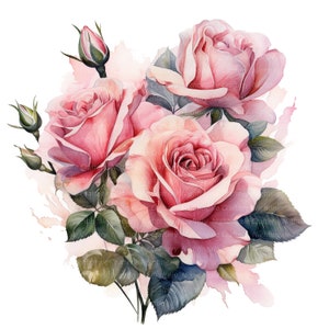 10 Pink Roses Bouquet Clipart, Wedding Bouquet, Printable Watercolor ...