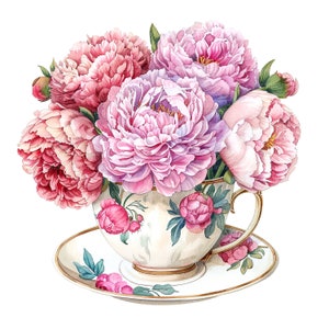 10 Clipart di tazze da tè con peonie, tazze da tè floreali, clipart di acquerelli stampabili, JPG di alta qualità, download digitale, lavoretti di carta, diario di scarto