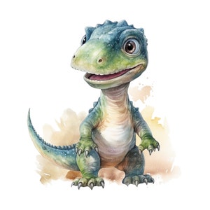 K&ouml;nnte beinhalten: Eine Aquarell-Illustration eines gr&uuml;n-blauen Dinosauriers mit einem breiten Grinsen. Der Dinosaurier steht auf einem hellbraunen Hintergrund mit Aquarell-Spritzen.