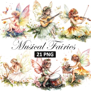 Peut inclure: Illustrations à l'aquarelle de fées musiciennes. Chaque fée joue d'un instrument différent, dont une flûte, une guitare, un violon, une harpe, une batterie et un piano. L'image comprend le texte "Musical Fairies" et "21 PNG".