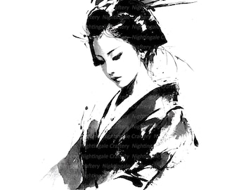 芸者クリップアート10点、芸者水墨画、白黒、印刷可能な水彩画クリップ