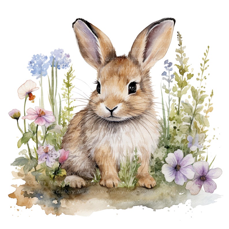 Cute Floral Bunny Clipart, Printable Watercolor Clipart, 12 High ...