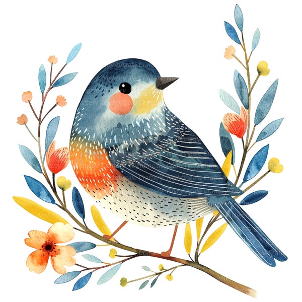 10 Scandinavian Birds Clipart, Floral Bird, Printable Watercolor clipart, High Quality JPGs, Digital download, Paper craft, junk journals
