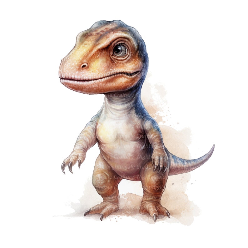 K&ouml;nnte beinhalten: Ein Aquarellbild eines kleinen, cartoonartigen Dinosauriers in einem blauen, gelben und braunen Farbschema. Der Dinosaurier steht auf seinen Hinterbeinen mit seinem Schwanz hinter sich eingerollt.