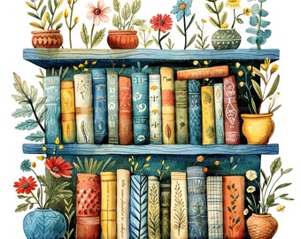 10 Floral Bookshelf Clipart, Coloured BookShelf, Printable Watercolor clipart, High Quality JPG, Digital download, Paper craft, junk journal