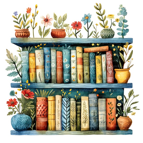 10 Floral Bookshelf Clipart, Coloured BookShelf, Printable Watercolor clipart, High Quality JPG, Digital download, Paper craft, junk journal