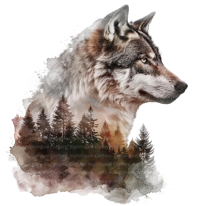 May include: A watercolor-style illustration of a wolf's profile, featuring a forest scene within its silhouette. The wolf has gray and brown fur, with a detailed rendering of its features. The forest is depicted with tall pine trees and a warm, sunset-like glow.